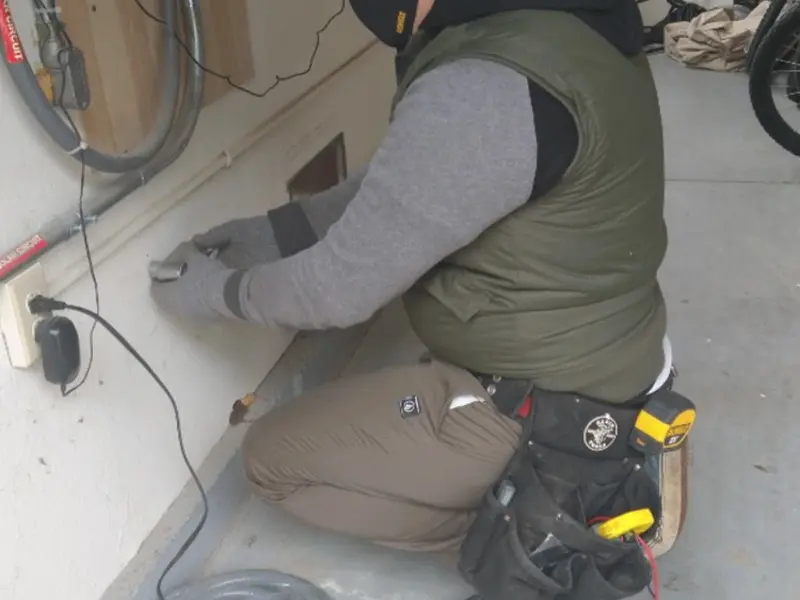 Electrician performing outlet wiring in a Greeley garage